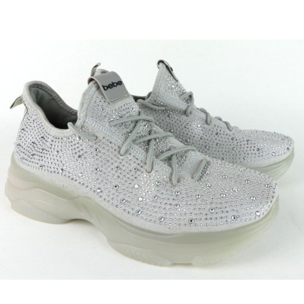 Bebe Leyla Embellished Lace Up Wedge Sneakers Silver Rhinestone Womens 8W